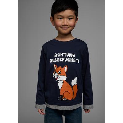 Langarmshirt KIDSWORLD "ACHTUNG AUSGEFUCHST", Jungen, Gr. 128/134, blau (marine), Jersey, Obermaterial: 100% Baumwolle. Einsatz: 85% Baumwolle, 15% Viskose, bedruckt, Basic, Shirts Langarmshirt, Shirt mit coolem Fuchsdruck