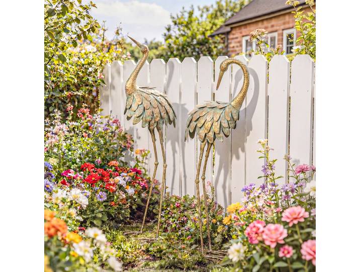 Outsunny Lot 2 Statues Héron Métal 91/95cm Or/Bleu Jardin Terrasse