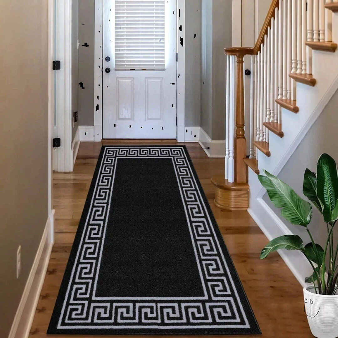 Metro Runner Geometric Flokati Area Rug Black Grey Runner 66 x 220 cm
