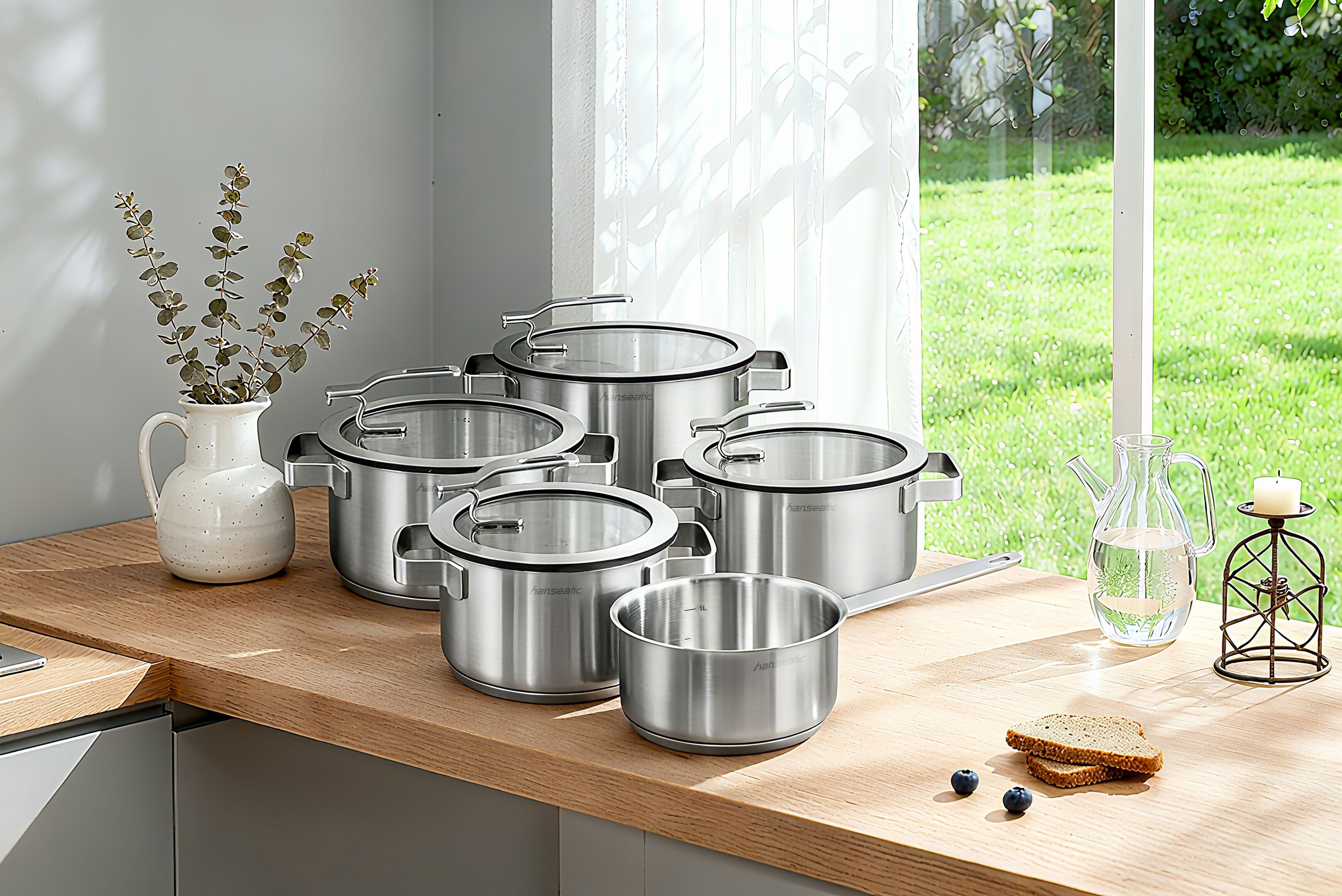 Topf-Set HANSEATIC "STYLE", silber (silberfarben), Töpfe, Topf-Set, Deckel mit praktischer Aufhänge-Funktion, Induktion silberfarben Einheitsgröße