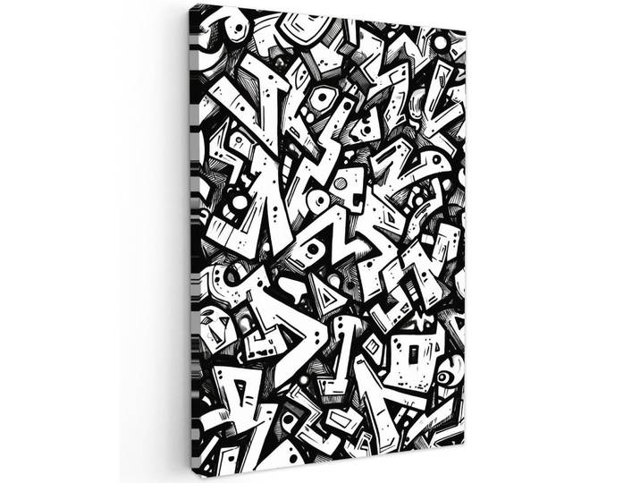 MuchoWow Leinwandbild - Formen - Buchstaben - Graffiti - Schwarz - 60x90 - Kunstdruck, Textil, Kiefer, Abstrakt, Rechteckig, 60x90 cm, gerahmt, Bilder & Rahmen, Bilder, Wandbilder