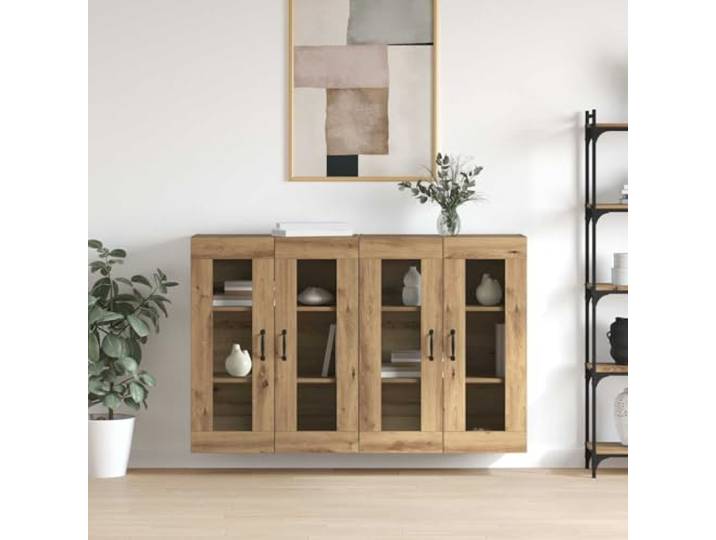 RJPLMFV Wandschrank, Holz, Eiche, 69,5 x 34 x 90 cm Glastüren, praktische Regale, moderne Griffe, pflegeleicht, 2-teilig