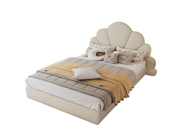 Okwish Polsterbett 140/200 cm Beige Samt mit Blüten-Kopfteil und rutschfestem Stand, 140x200 cm, Schlafzimmer, Betten, Polsterbetten