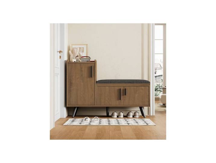 Banquette moderne pour chaussures Coffre à chaussures Banquette avec trois portes de rangement avec poignées métalliques asymétri