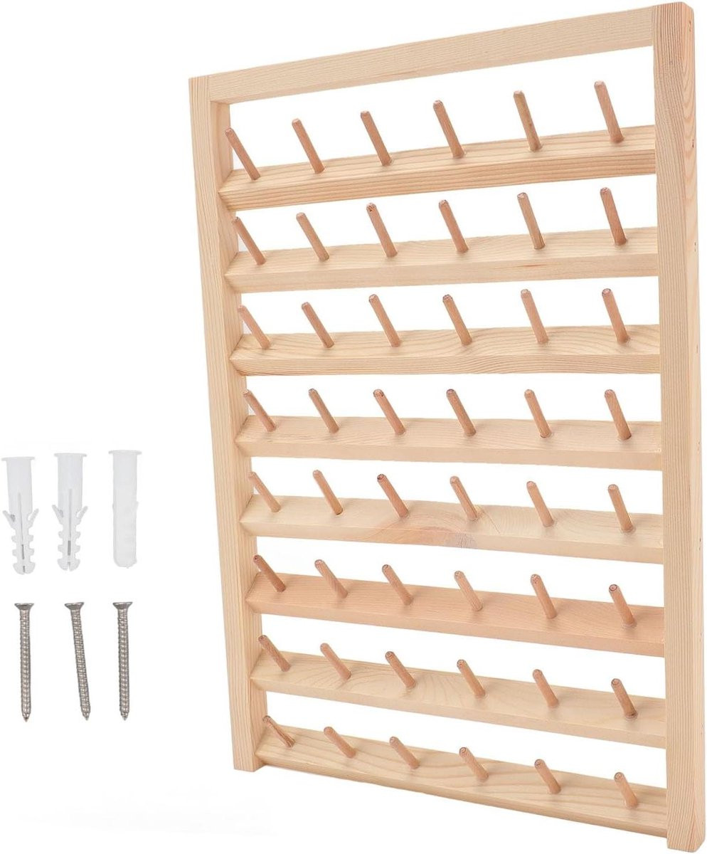 Garenrek met 48 spoelen - Houten draadhouder organizer voor naaiwerk - Wandmontage - 34 x 41 cm - Houtkleur