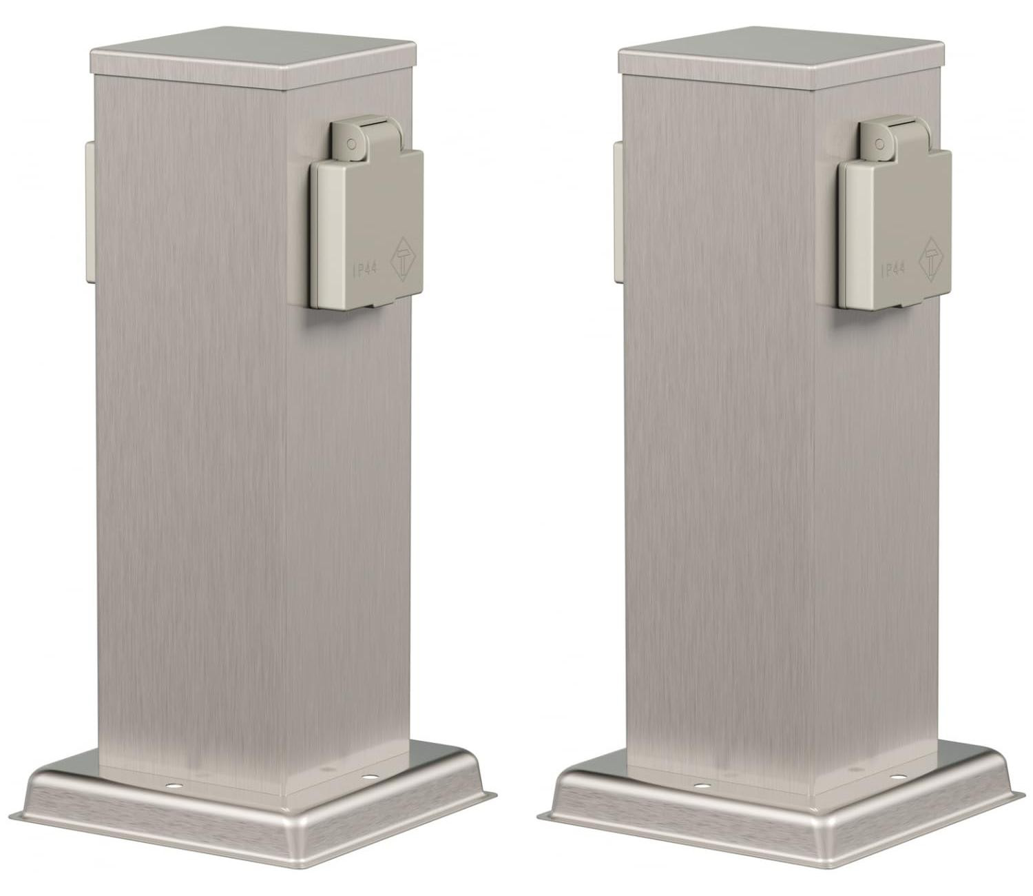 LEDs Com Set van 2 Polly Buitenstopcontactpalen, 2-voudig, IP44, Roestvrij staal, Rechthoekig, Hoogte: 27 cm