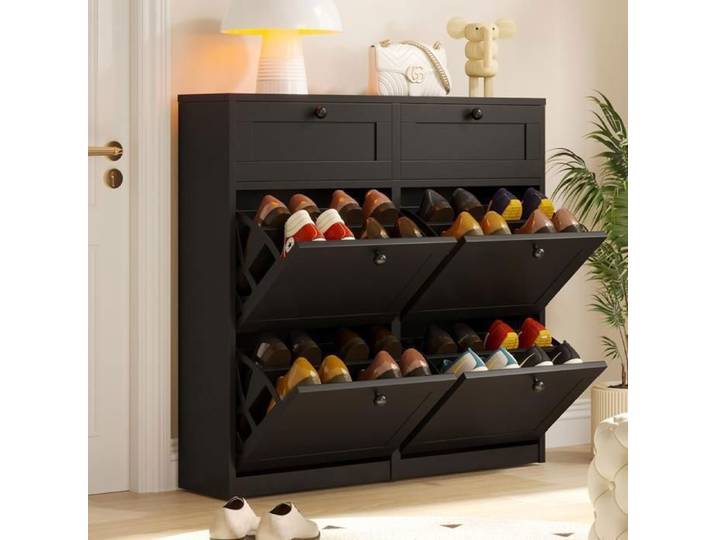 Meuble à Chaussures - VOWNER - Meuble d'entrée Rangement pour Chaussures -Commode à Chaussures - 100 x 105 x 24 cm - Noir