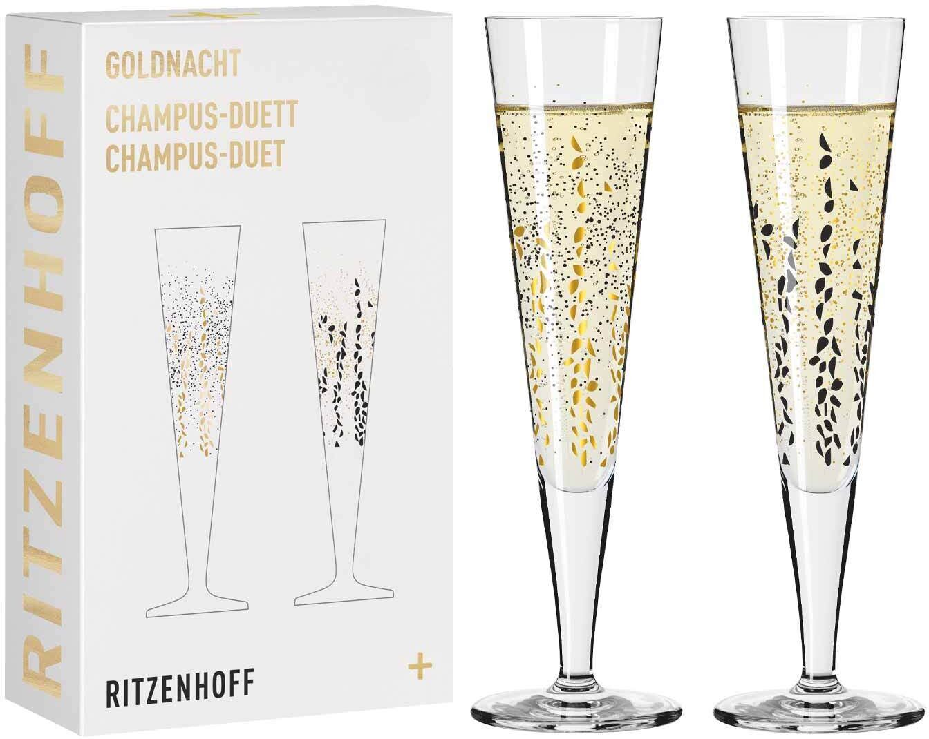 Champagnerglas RITZENHOFF "Champagnergläser Goldnacht 205 ml 2er Set gold", gold, 2 tlg., Kristallglas, Trinkgefäße, Champagnerglas