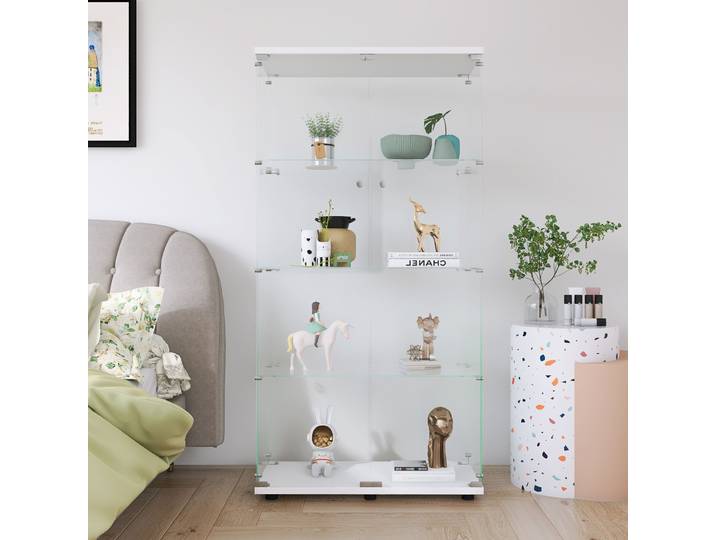 Vitrine en verre Rosahqnda en blanc, vitrine moderne en verre et bois avec 4 étagères pour objets de collection, livres, vin