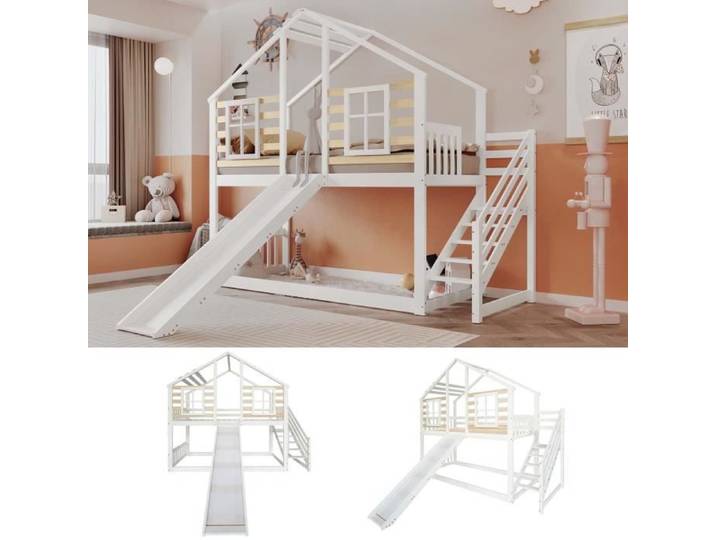 Lit superposé enfant cabane avec toboggan - MODERNLUXE - cadre pin massif - 90x200cm - blanc