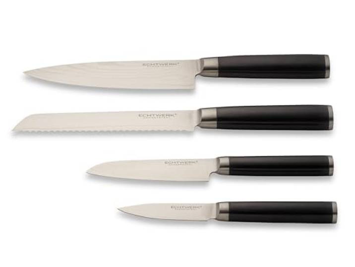 Echtwerk Damaszener Messer Set, 4-TLG, Kochmesser/Küchenmesser, kleines Santokumesser/ japanisches Messer, Schälmesser/Gemüsemesser, Wellenschliff Brotmesser, Damaststahl, Messergriffe aus Pakka-Holz