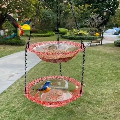 Inspire Select Flower Shaped Hanging Bird Feeder & Bird Bath Outdoor Garden Bird Water Tray With Chain 2 Layer Pink