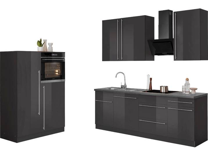 Küche WIHO KÜCHEN Chicago , grau (küche: grau, korpus: anthrazit, arbeitsplatte: betongrau), B:330cm T:60cm, Komplettküchen-Sets, Küche, Breite 330 cm, mit Hanseatic-E-Geräten, extra kurze Lieferzeit