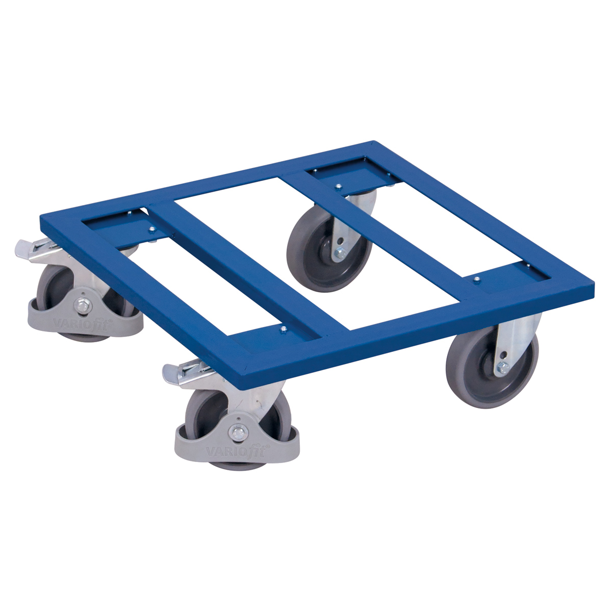 Variofit Kistenroller mit offenem Boden und Radfeststeller 500x500mm RAL 5010 Enzianblau