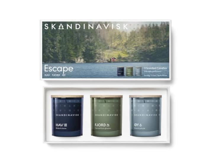 Skandinavisk Lot de 3 bougies Escape - 65\,2 g Coffret cadeau de 3 mini bougies parfumées dans nos parfums HAV\, FJORD et ØY