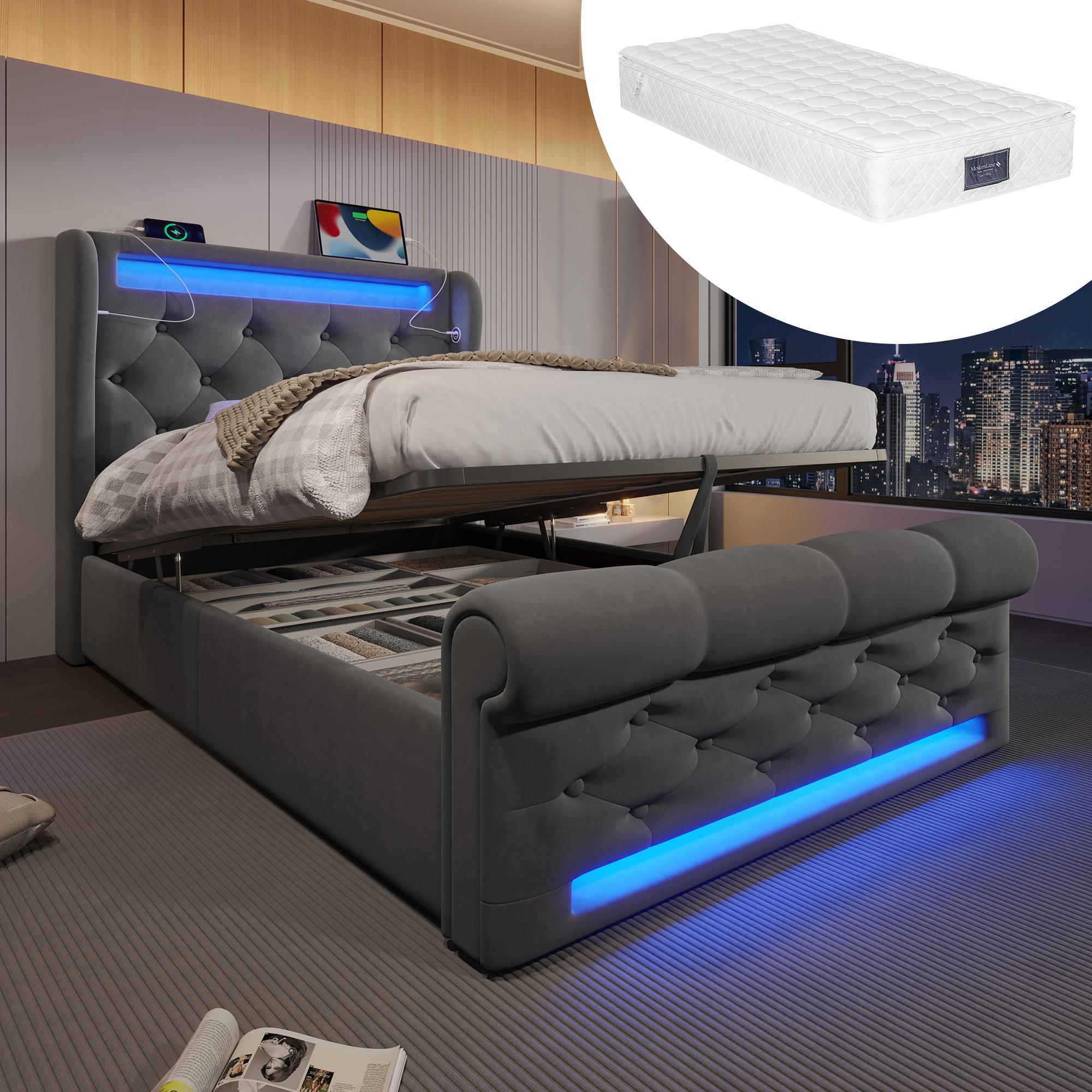 Modernes Polsterbett Einzelbett 90x200cm, Polsterbett mit LED-Leuchten,Stauraum-Kopfteil mit USB- und Typ-C-Anschlüssen(Mit Matratze)