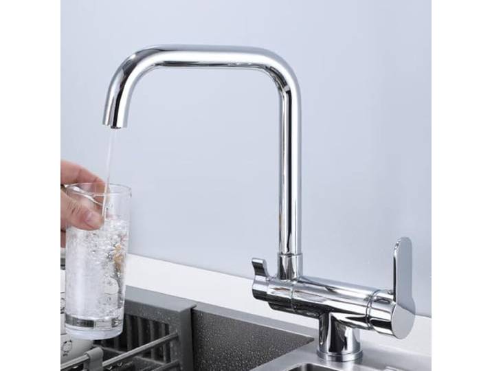Küchenarmatur 3 Wege, Wasserhahn Küche Klappbar Vorfenster, 360° Schwenkbar 2 Griffe Messing Spültischarmatur 3 Wege-Chrom