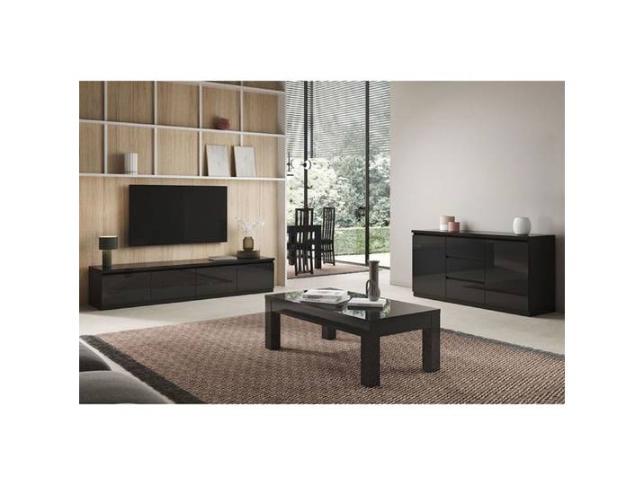 DEYTON - Ensemble Salon Laqué Noir Meuble TV 4 Portes + Table Basse 127cm + Buffet