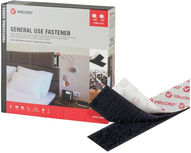 VELCRO Bande auto-agrippante usage général 25m Crochets + Boucle 20mm Noir (VEL-PS20000)