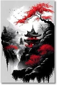 Uplifted Finds Vintage Nippon Landscape Triptych   Black & Red Japanese Canvas Art   Executive Studio & Zen Sanctuary Decor pc28477 40 X 60 Cm