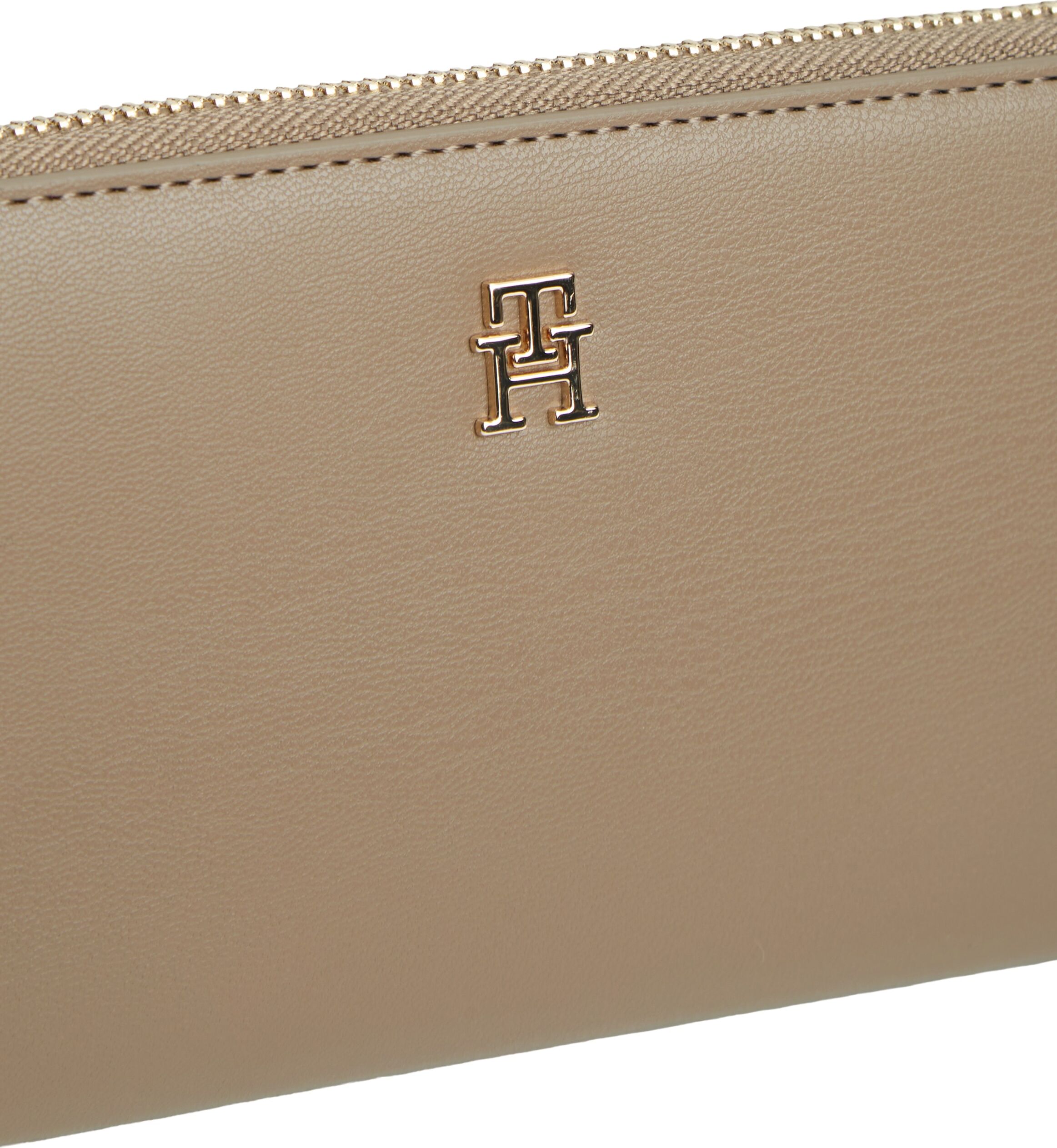 Geldbörse TOMMY HILFIGER "TH ICON LRG ZA", Damen, beige, Lederimitat, Kleinlederwaren Geldbörse, Damen Geldbeutel, Portemonnaie mit edlem TH-Logoelement beige Einheitsgröße