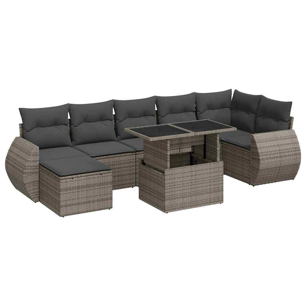 8-tlg. Garten-Lounge-Set, erweiterbarer Esstisch, Stauraum, Poly Rattan & Stahl, UV-beständig, Grau, Kissen Dunkelgrau