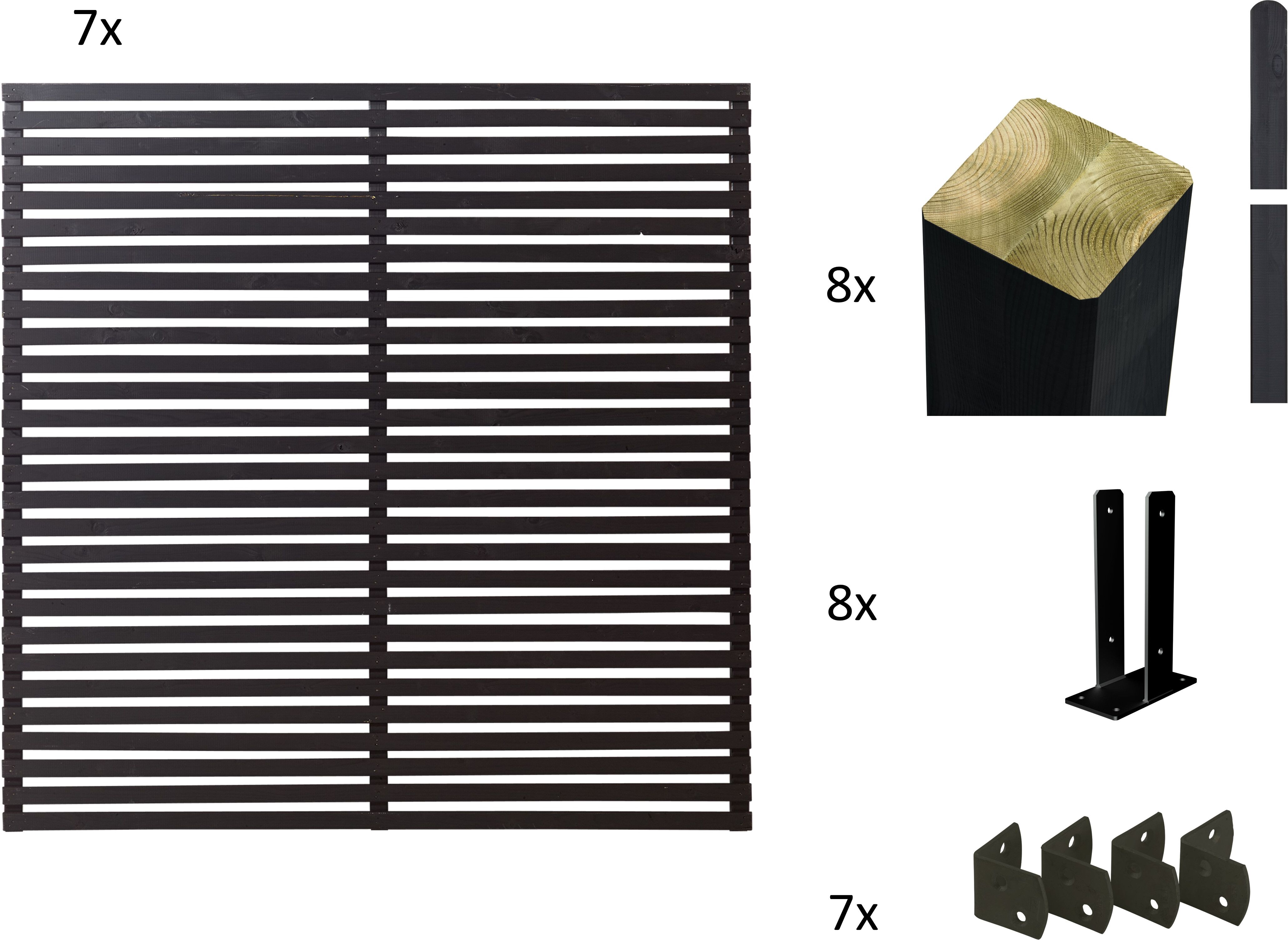 Sichtschutzelement PLUS "Tokyo", schwarz, H:180cm L:180cm, Massivholz, Stahl, Zaunelemente, für Montage auf bestehendem Fundament