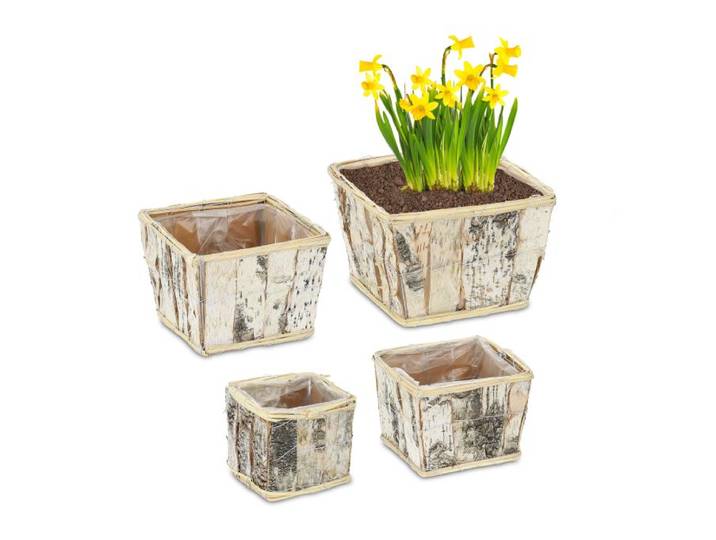 Relaxdays Eckiger Blumentopf Birke im 4er Set