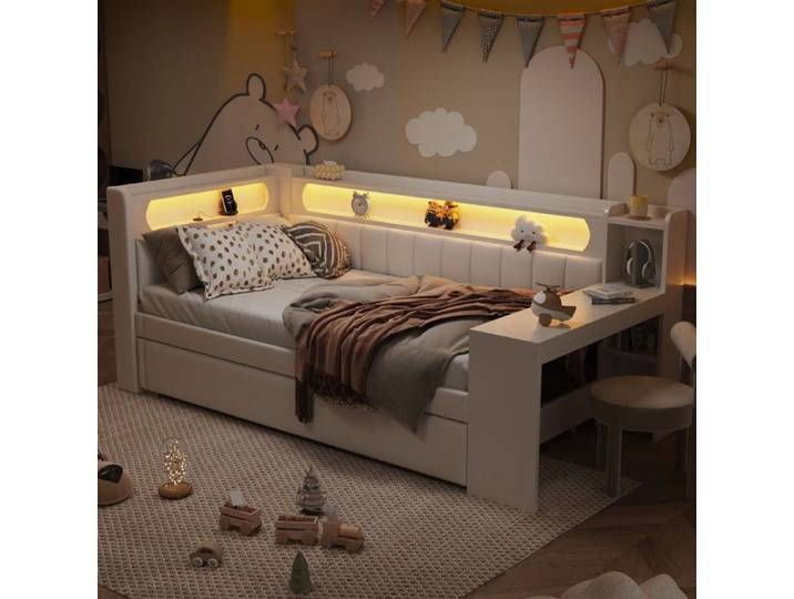 Lit canapé rembourré blanc - BLACKCOLOR - 90x200 cm - Éclairage LED 7 couleurs - Port USB - Lit escamotable 90x190 cm