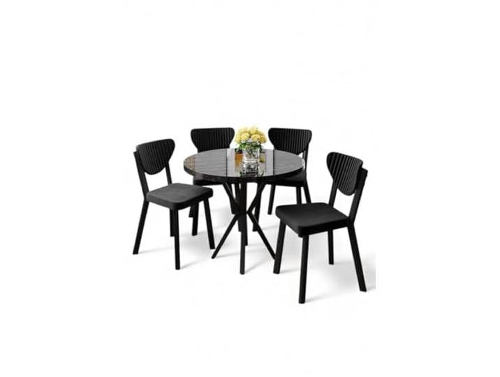 Hanah Home Modern 5-Piece Dining Table & Chairs Set, Black Marble & Black 100% Melamine Coated Chipboard, Metal Legs, Plywood Frame Stylish Scandinavian Design