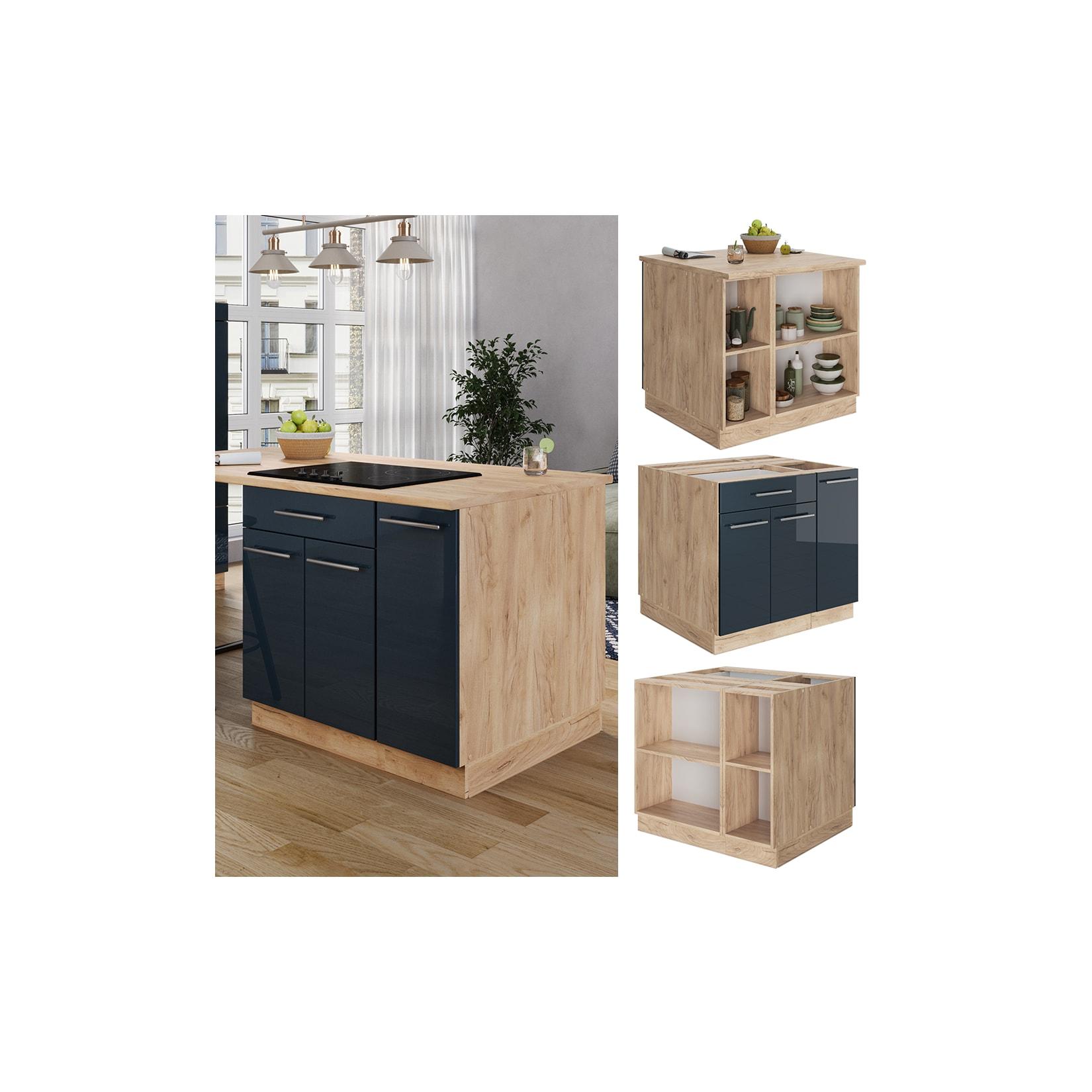 Vicco Kücheninsel Fame-Line Eiche Dunkelblau Hochglanz 90 cm offen