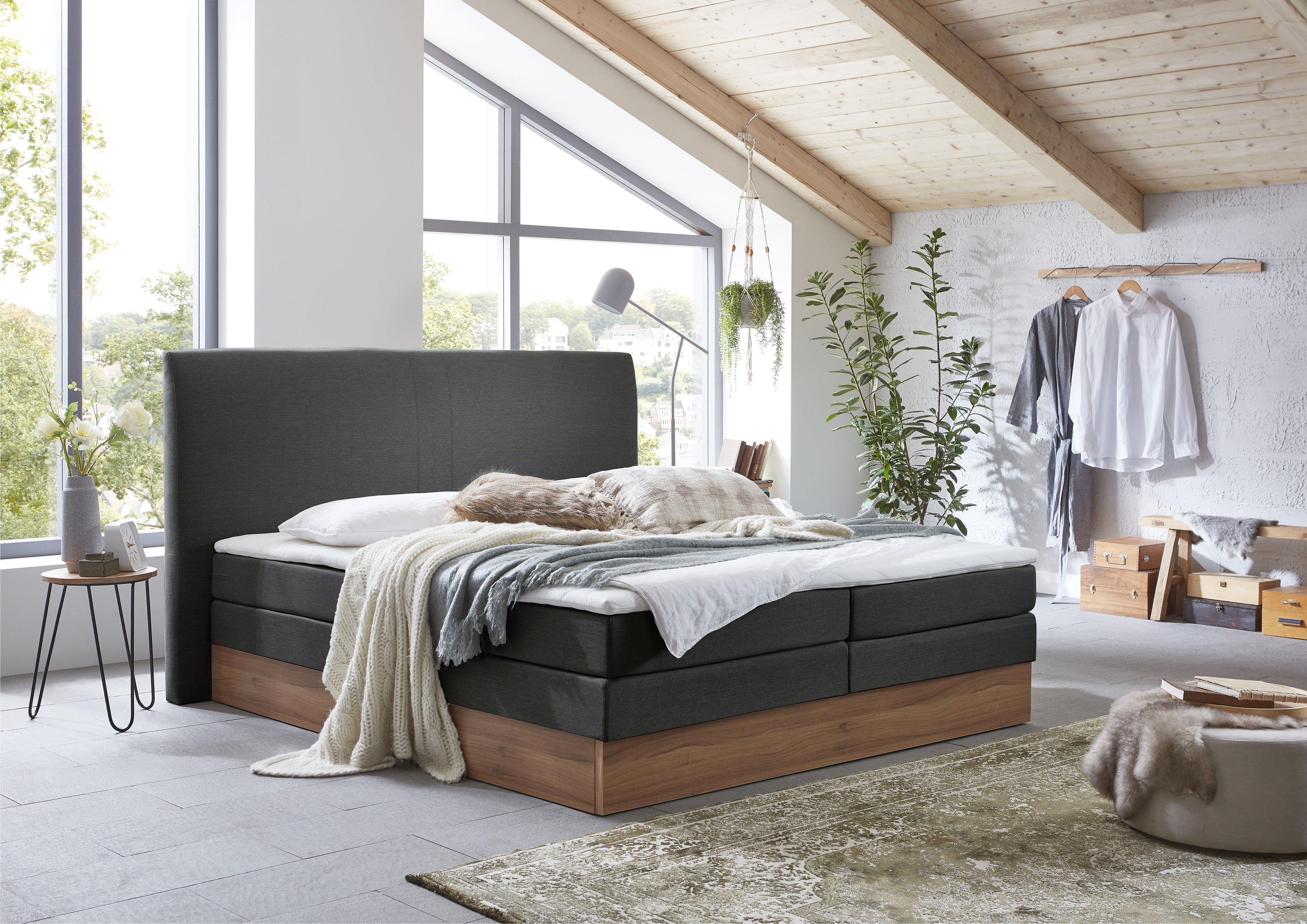 Boxspringbett HOME AFFAIRE "Blomen", grau (anthrazit), B:182cm L:224cm, Komplettbetten, Boxspringbett, mit Walnuss-Dekor, mit Bettkasten, verschiedene Härtegrade, mit Topper