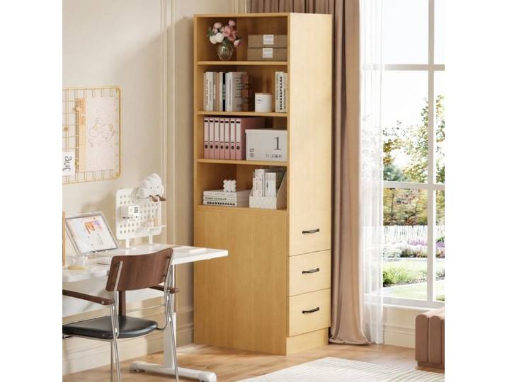 Bibliothèque Haute En Chêne Clair Colonne De Rangement Moderne FloraGrace Pour Salon Bureau Avec 3 Tiroirs Latéraux 60x38x180cm