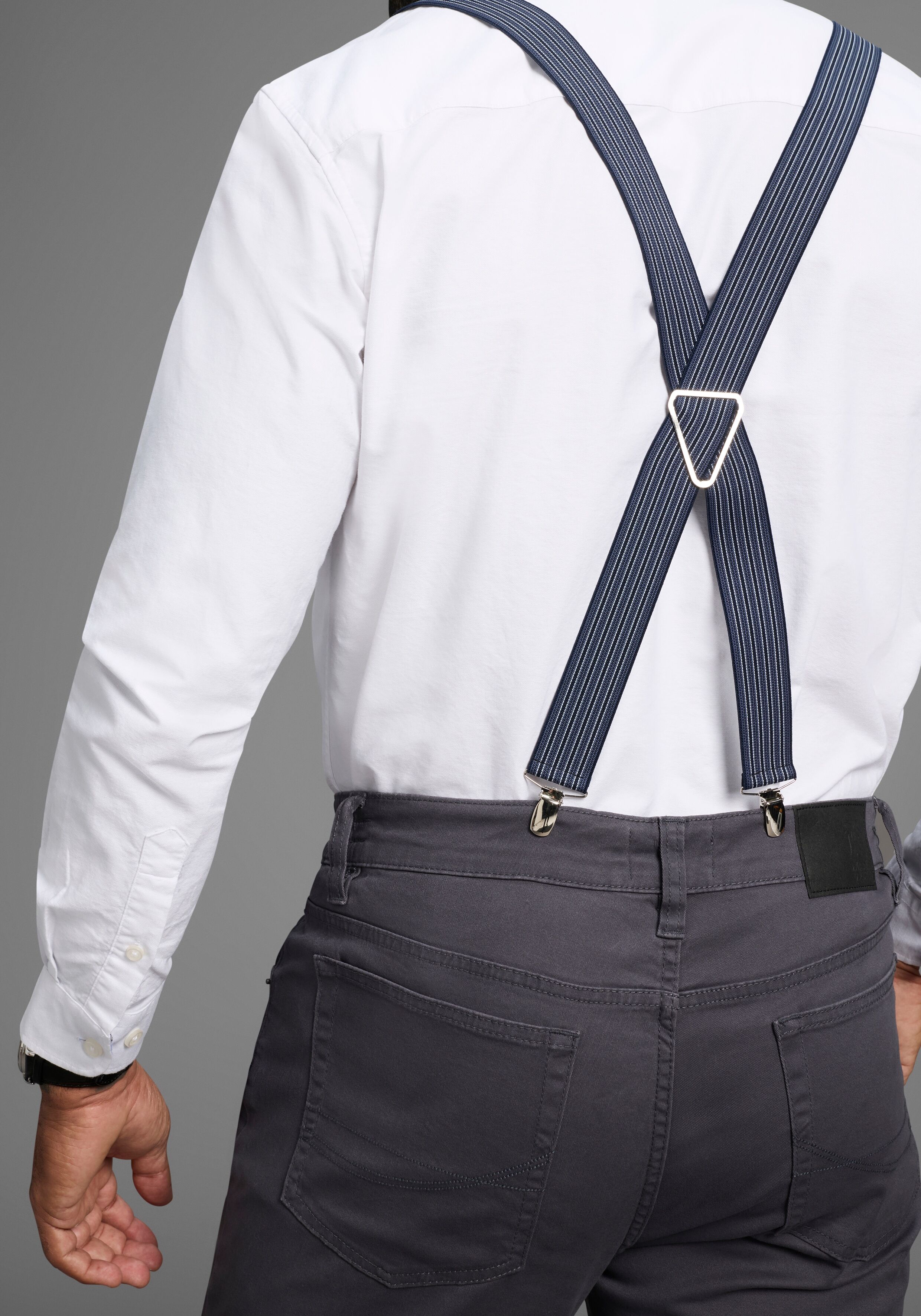 Hosenträger MAN'S WORLD, Herren, blau (jeansblau, marine), Materialmix, gemustert, gestreift, festlich, Hosenträger Hosenträger, in bequemer Breite & extra Länge bis 130cm - im Streifendesign jeansblau, marine Einheitsgröße