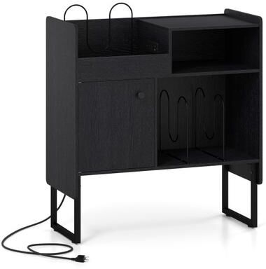 Costway Record Player Stand with Power Outlets and Vinyl Storage Holder up to 250 Albums-Black