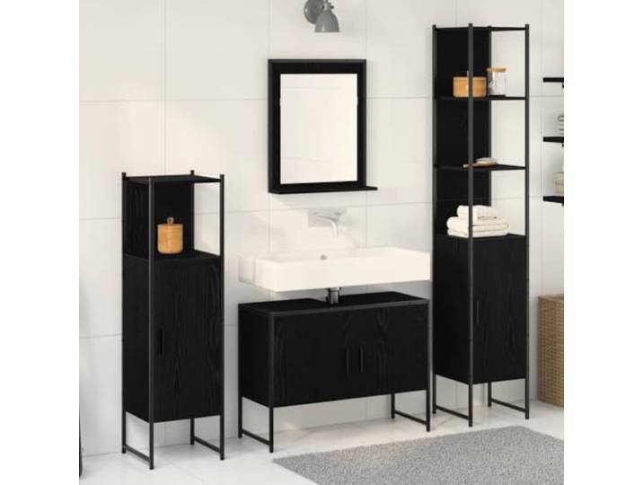 HWKQEQRF Badezimmermöbel-Set 4 STK. Schwarz 33 x 33 x 185,5 cm Holzwerkstoff, Feuchtigkeitsresistent, Minimalistisch, Hoher Schrank, Flacher Spiegel, Einfache Pflege