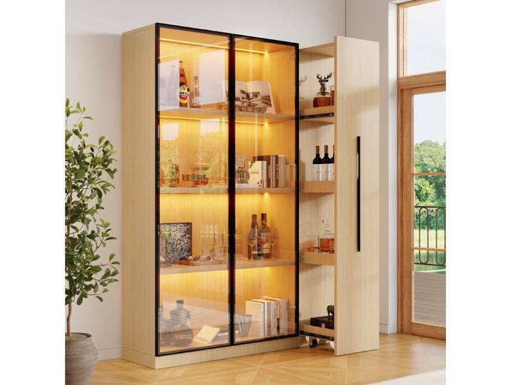 Bibliothèque 3 Portes avec Vitrine LED et Rangement Coulissant - BEAUNIV - Chêne Clair 110 5×35×160 cm