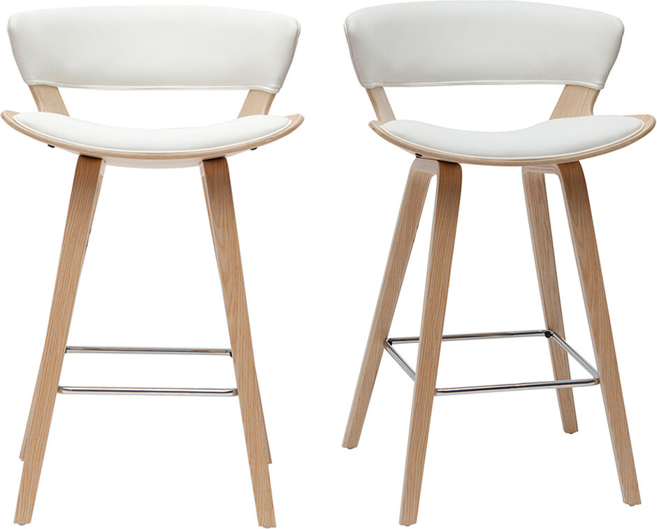 Miliboo Design-Barhocker weiß mit hellem Holz H 65 cm (2er-Set) SYRAH