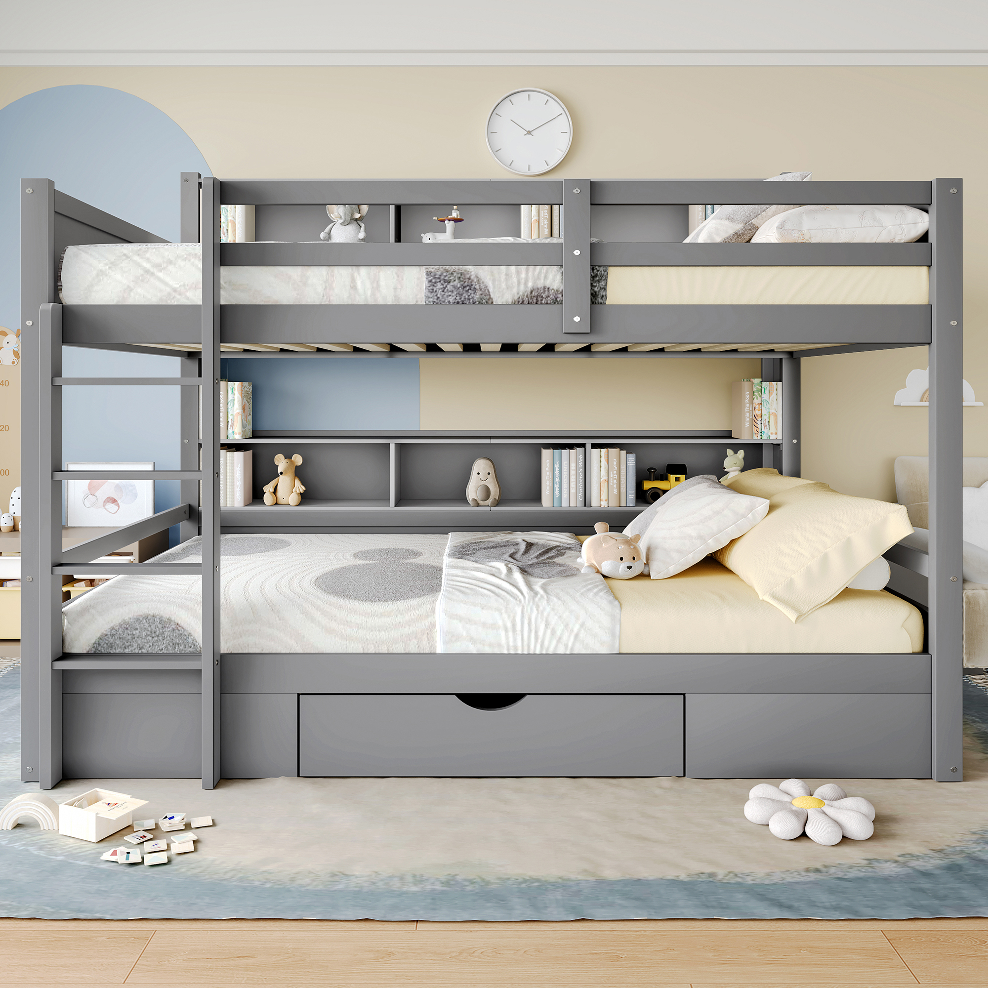 okwish Kinderbett 90x200cm, Einzelbett mit Schubladen und Staufächern, praktisches Etagenbett für die Familie, Ohne Matratze grau