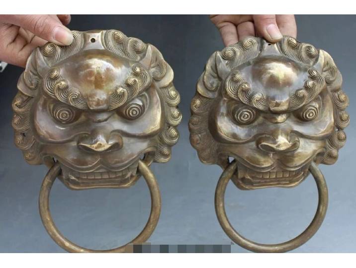 Paire de heurtoirs de porte en laiton chinois Dragon Fu Foo chien tête de Lion masque