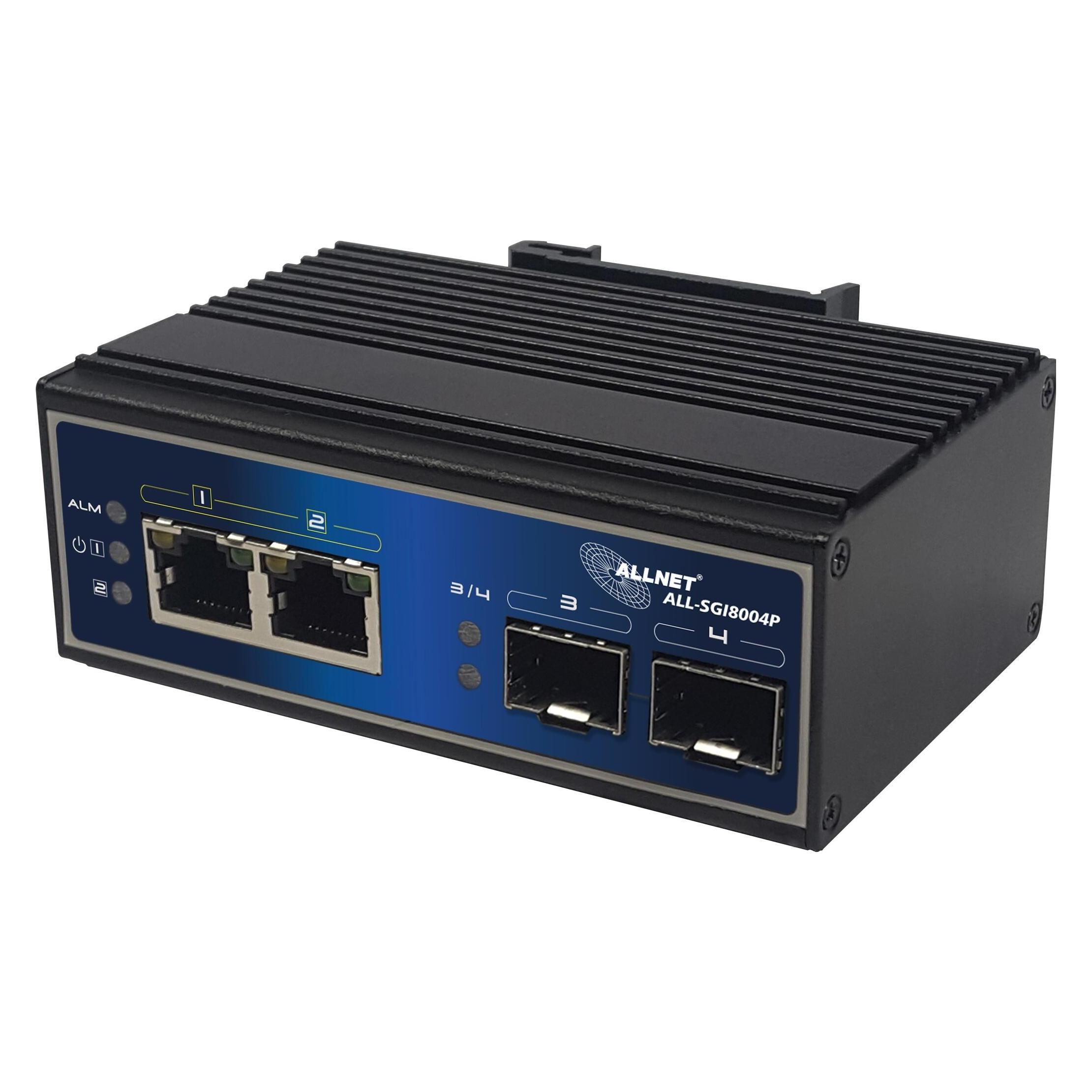 Allnet switch unmanaged industrial 4 port gigabit 120w / 2x poe+ / 2x sfp / lüfterlos / din / ip40 (4 Ports) (ALL-SGI8004P)