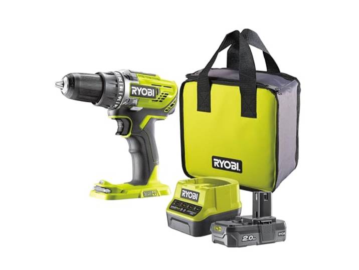 RYOBI Perceuse-Visseuse 18V ONE+ 50 Nm R18DD3-120S Batterie 2\,0 Ah 500 à 1800 tr/min\, mandrin 13 mm\, 2 vitesses\, 24 réglages de couple\, pack 2 Ah\, chargeur et sac de transport\, bois et acier