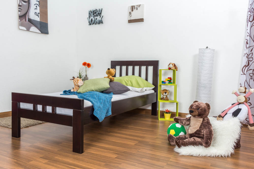 Kinderbett / Jugendbett "Easy Premium Line" K8, Buche Vollholz massiv schokobraun lackiert - Liegefläche: 90 x 200 cm