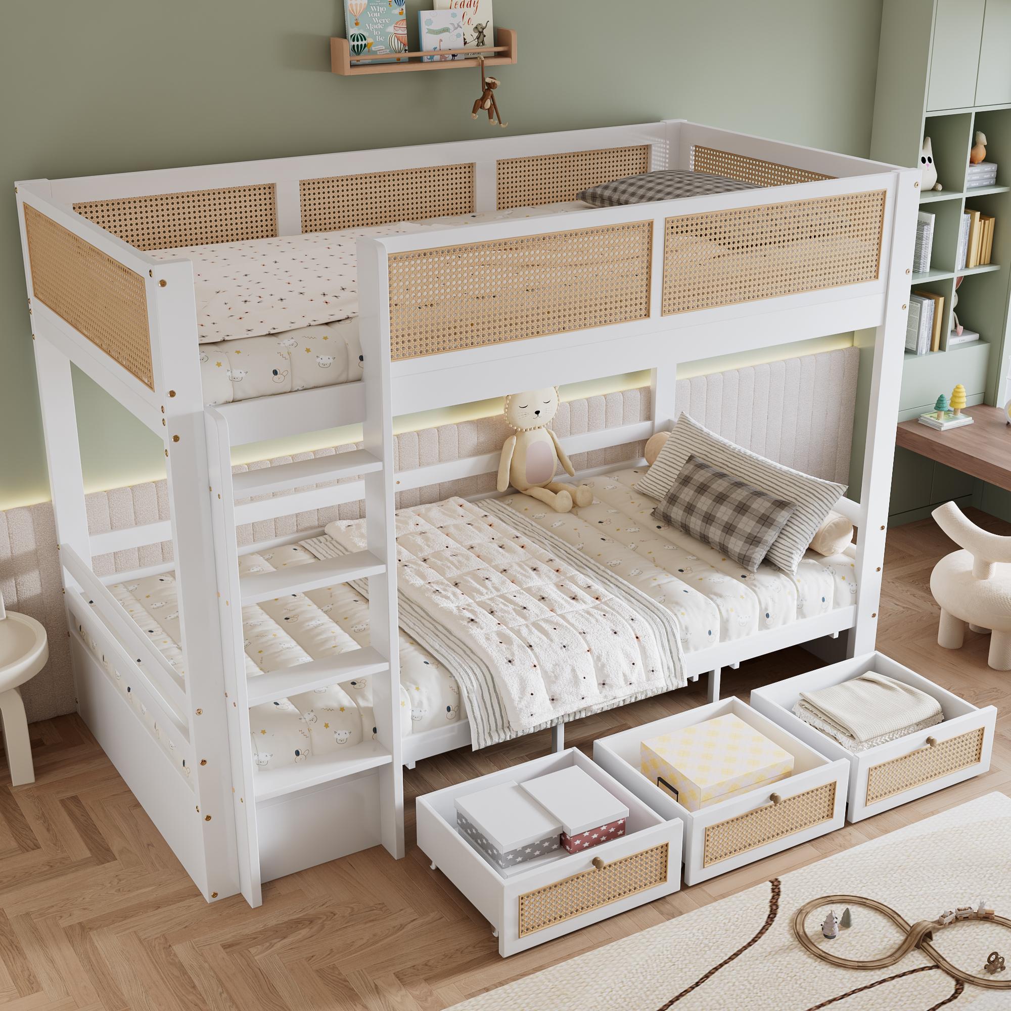 okwish Etagenbett 90x200cm mit Sichere Bettgitter,Kinderbett mit rausfallschutz,Stauraumbett mit 3Schubladen auf Rollen,Weiß+Natur