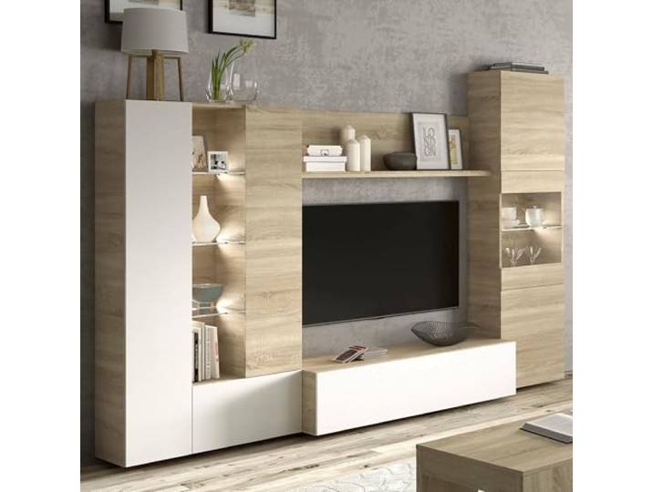 Habitdesign, Moderne Wohnwand 260 cm breit, TV-Möbel in kanadischer Eiche und Weiß Hochglanz, kompaktes Wohnzimmer-Set mit viel Stauraum, Maße: 260 x 185 x 42 cm (B x H x T), Modell Essential
