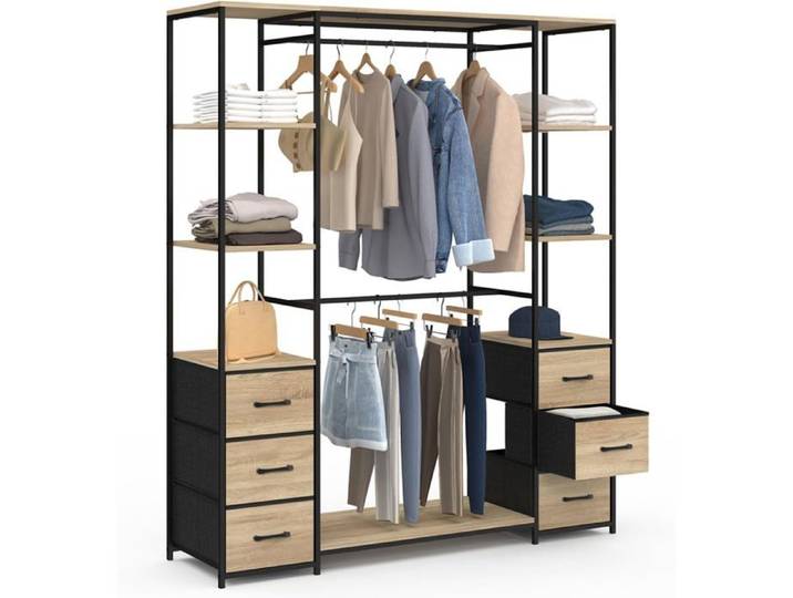 IDMarket Dressing Utah Penderie Double et Colonne 140 cm 6 Étagères et 6 Tiroirs Bois et Métal Noir