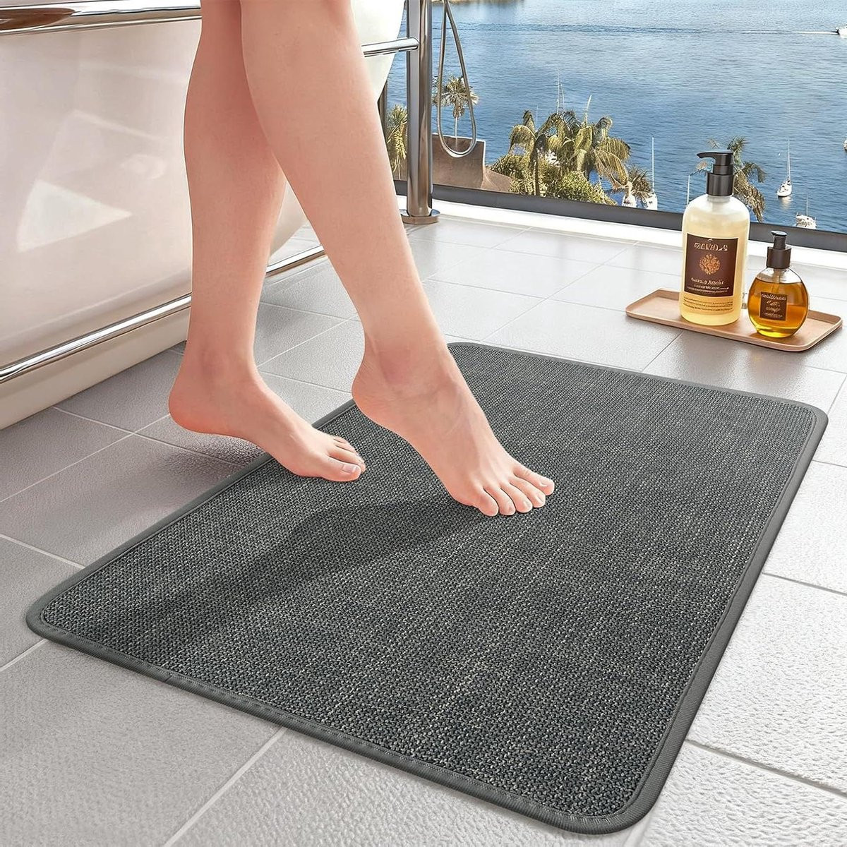 Donkergrijze antislip badmat en douchemat voor badkamer en keuken, sneldrogend en absorberend, 60 x 150 cm