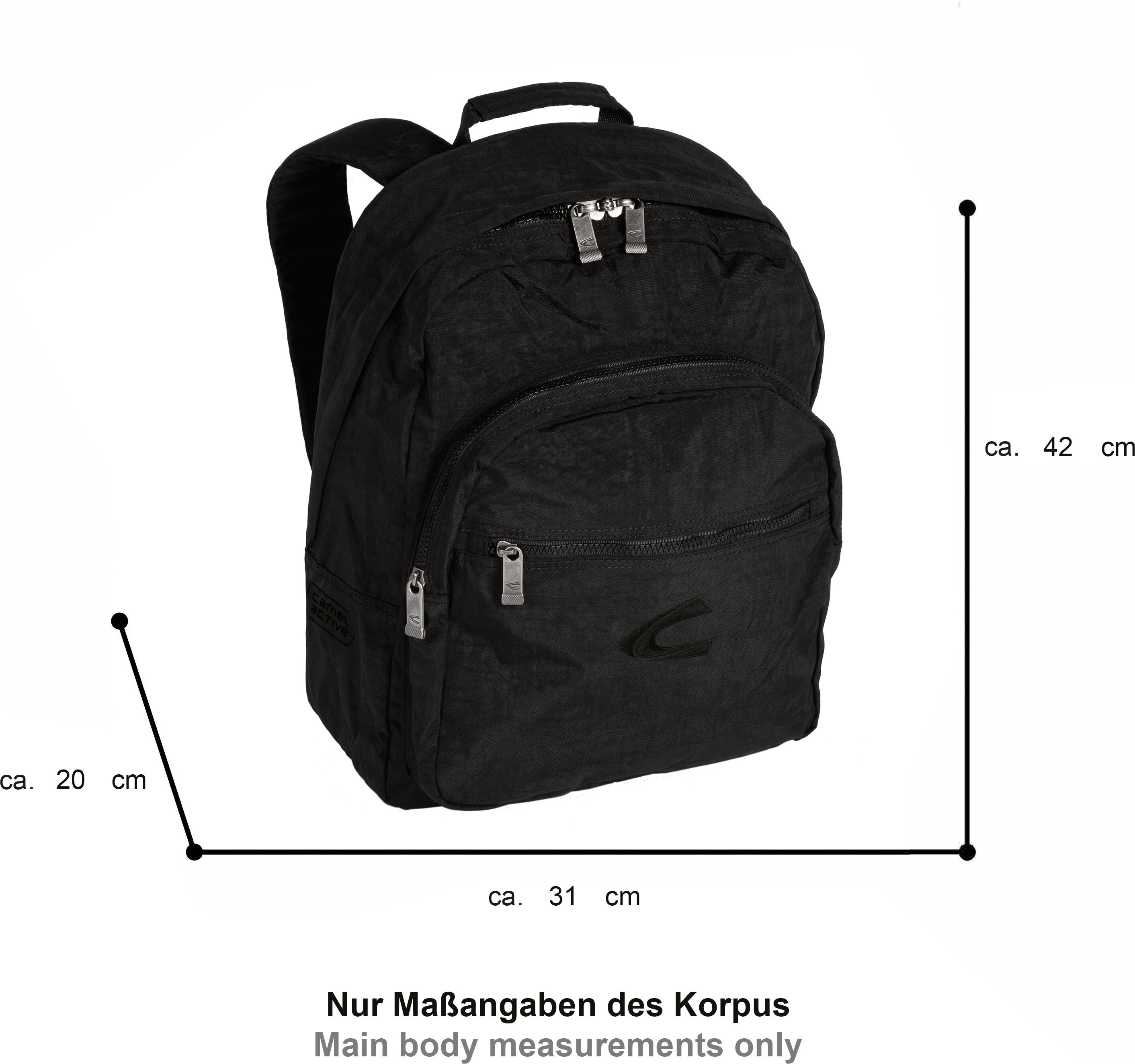 Rucksack CAMEL ACTIVE "Journey", Herren, Gr. B/H/T: 31cm x 42cm x 20cm, schwarz, Nylon, aufgeraut, bestickt, clean, unifarben, Rucksäcke Rucksack, Unisex Freizeitrucksack mit Logostickerei schwarz B/H/T: 31cm x 42cm x 20cm