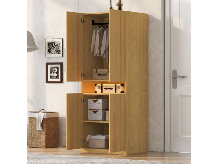 VUENOR Armoire de chambre décor bois 70 x 55 x 180 cm – niche LED et espace penderie