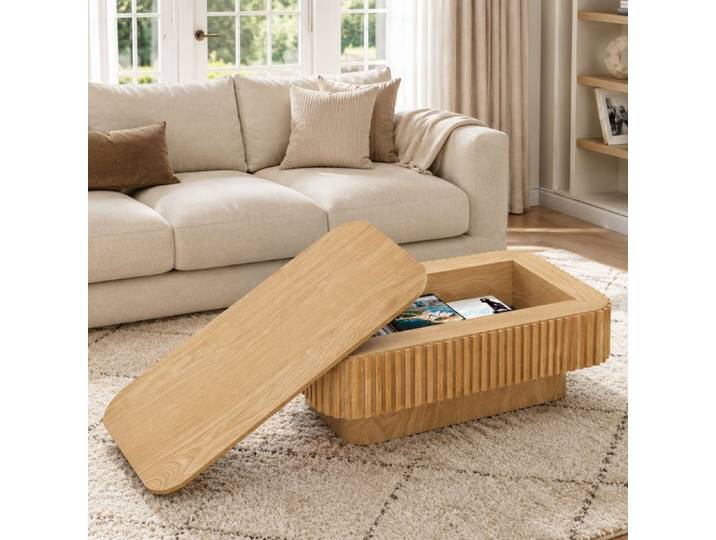Table basse rectangulaire cannelée de 98 cm avec rangement dissimulé table basse moderne en placage bois massif Bois naturel